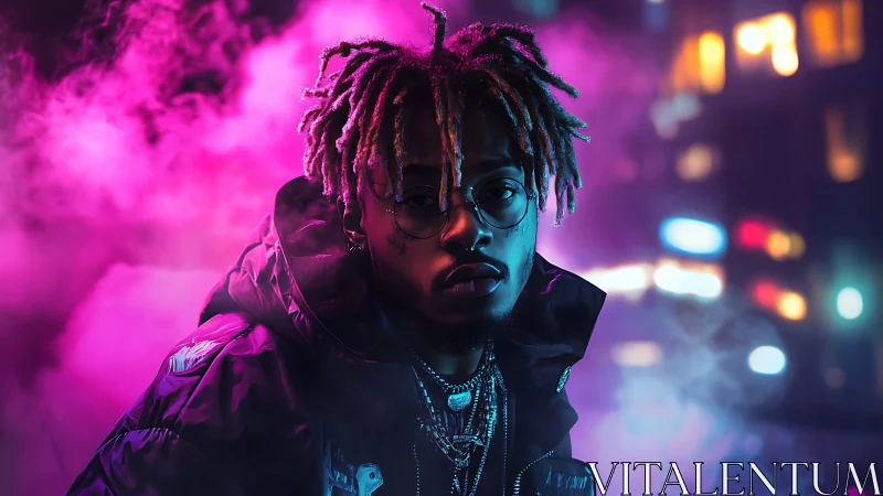 Moody neon portrait of a stylish night city dreamer.