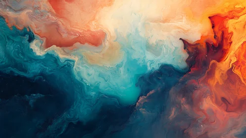 Colorful swirling clouds of teal, cream, and ember gently meet