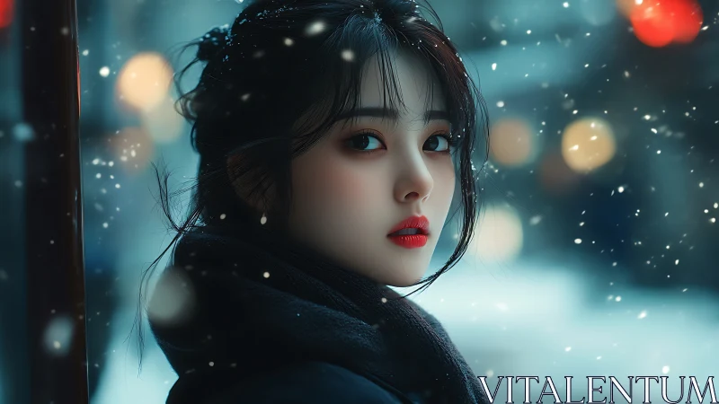 Snowlit gaze and crimson lips in a hush of winter dusk.