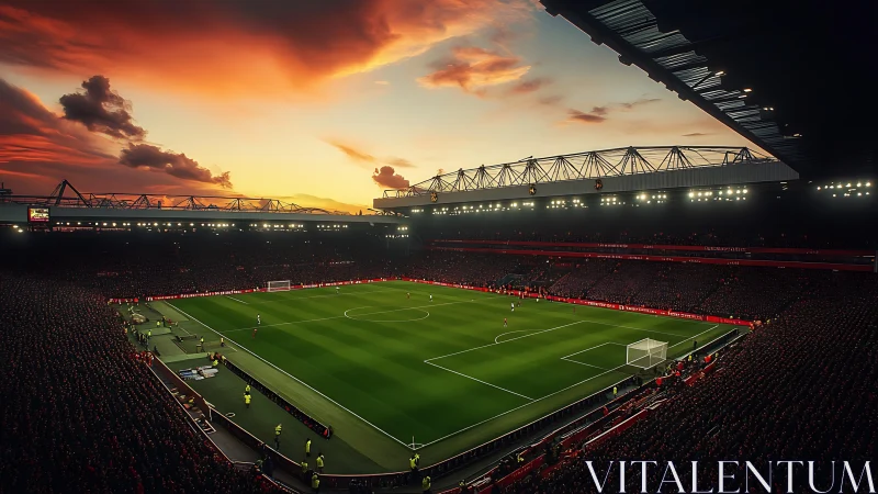 Floodlit football stadium under dramatic sunset sky, packed stands