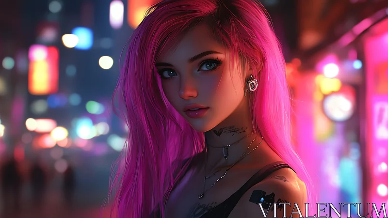 Neon city evening with a bold pink haired street dreamer.