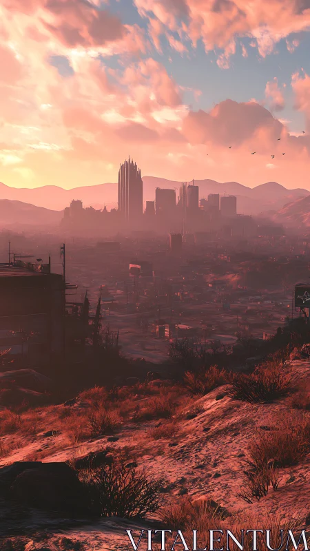 Sunlit post-apocalyptic skyline over arid suburban ruins.
