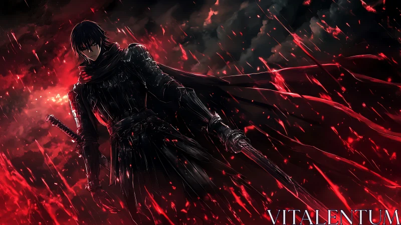 Dark swordsman stands in crimson storm of burning night.