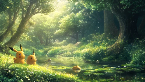 Pikachu Rest by Forest Stream in Sunlit Glade
