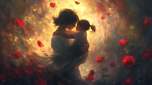 Mother Holding Child in Rose Garden Luminescence.