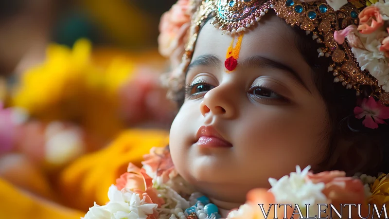 Gentle child in festive floral crown resting in calm light.