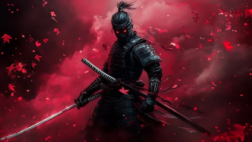 Crimson storm swirls around a vigilant armored samurai warrior