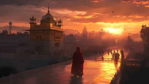 Golden temple city at sunrise with cloaked pilgrim walking.