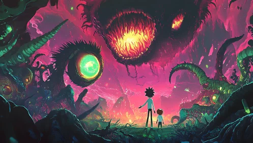 Two figures examine colossal tentacled entities in neon void