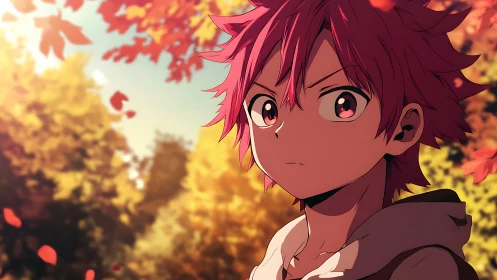 Autumn dusk crowns a pink haired anime wanderer in firelight.
