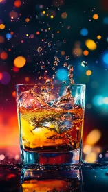 Beverage glass with liquid splash and bokeh background lighting