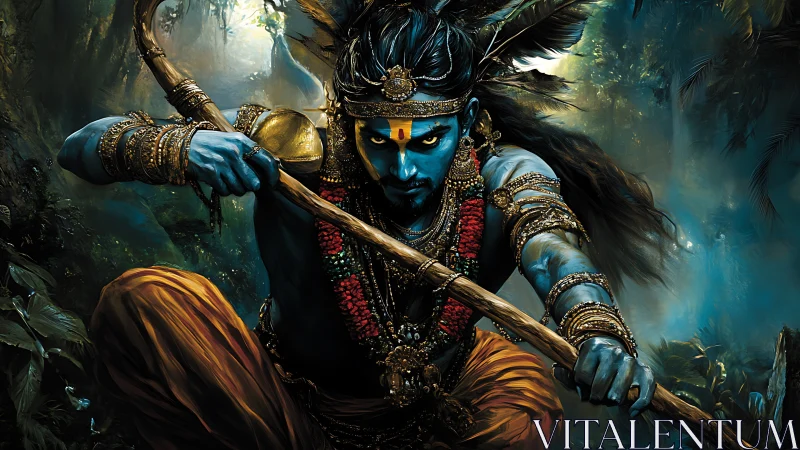 Mystical blue warrior poised in a lush enchanted jungle.