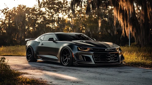 Matte black Chevrolet Camaro parked on sunlit rural road