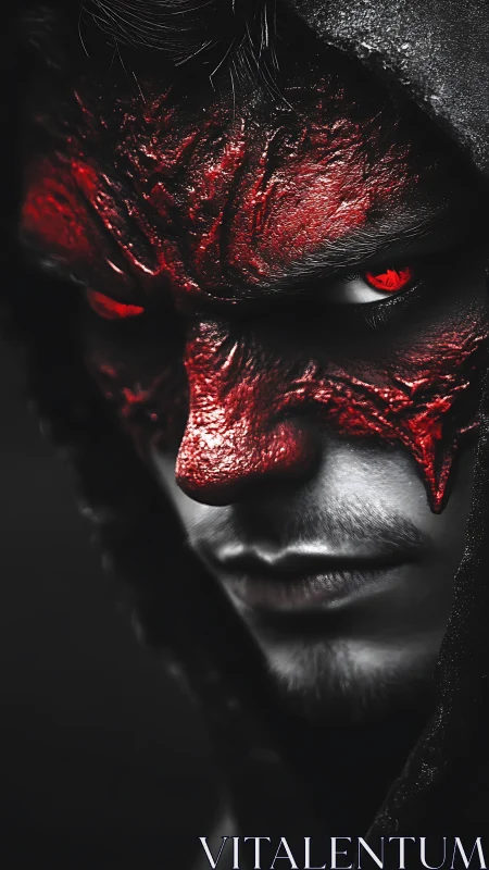 Demonic hooded portrait with red cracked skin and glowing eyes