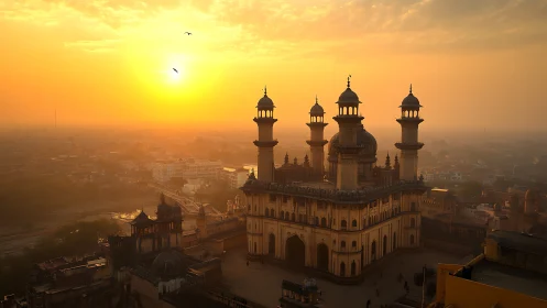 Historic mosque and city skyline under orange sunset light.