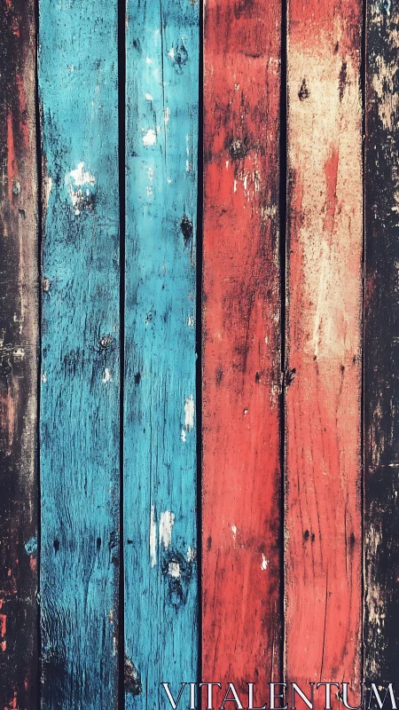 Weathered carnival planks in worn blue and ember red.