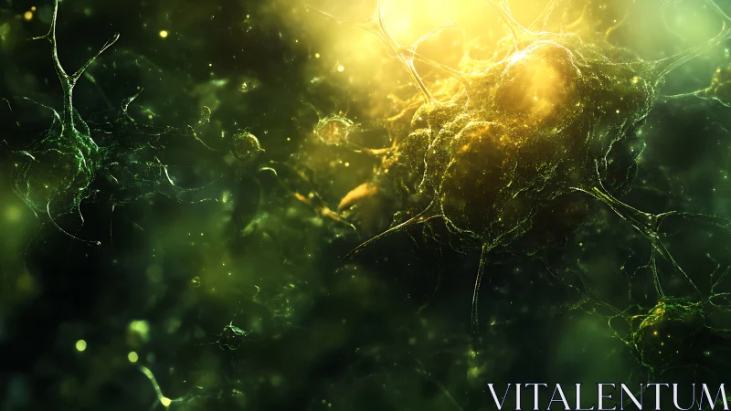 Glowing neural network cluster in green and yellow light.