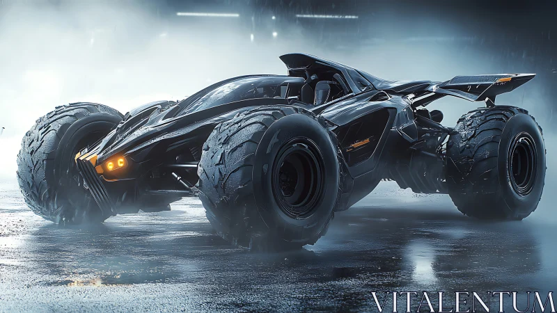 Hyper-aggressive quad-tread tactical vehicle in wet neon haze.