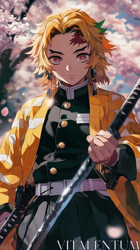 Determined anime swordsman under soft cherry blossoms.