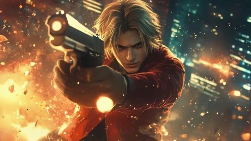 Male gunman in red jacket amid urban explosion at night.