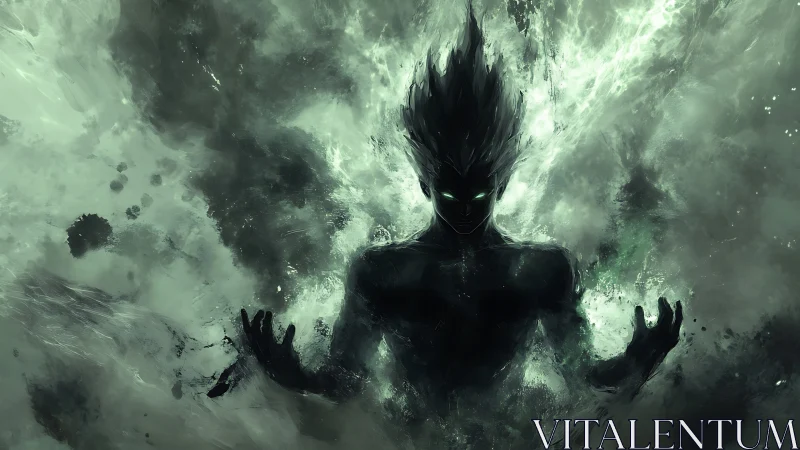 Dark humanoid figure emerges from swirling green energy field