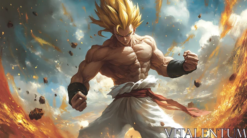 Fierce golden warrior unleashes raw energy in fiery skies.