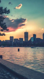 Urban waterfront skyline under colored evening sky.