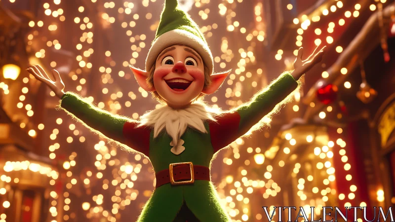 Joyful Christmas elf in sparkling festive city lights.