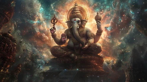 Concept art of cosmic Ganesha in luminous nebular shrine.