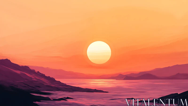 Radiant sun over magenta coastal mountains at dusk.