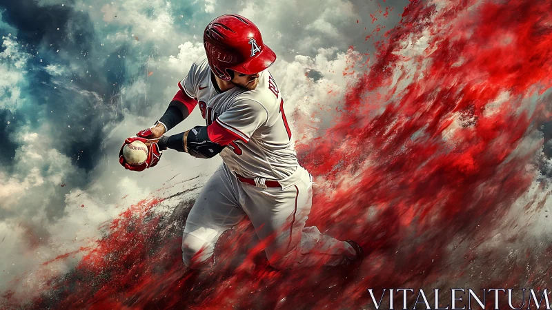 Dynamic baseball batter amid explosive red energy trail.
