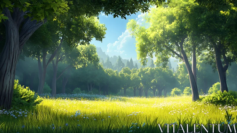 Sunlit Forest Clearing with Wildflowers and Cathedral Trees