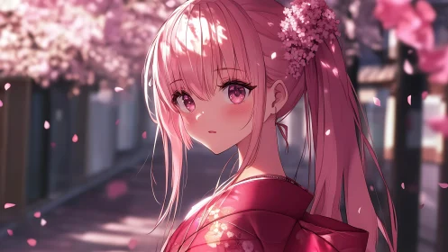 Gentle anime girl glows softly beneath drifting cherry petals