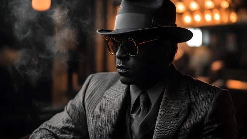 Noir-style man in fedora smoking in dim jazz bar.