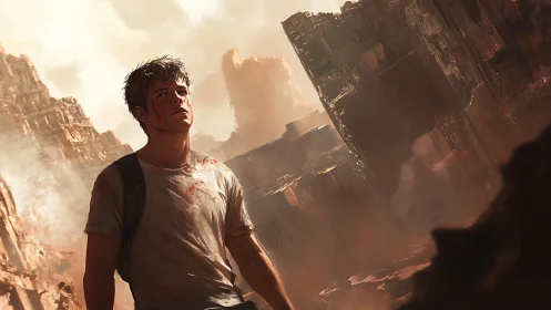 Dust covered survivor in collapsed urban canyon at sunset