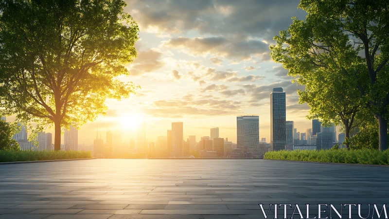 Sunrise city skyline viewed from empty tree lined plaza.