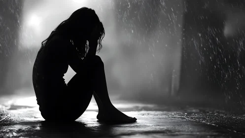 Quiet courage in the rain: silhouette of a reflective soul.