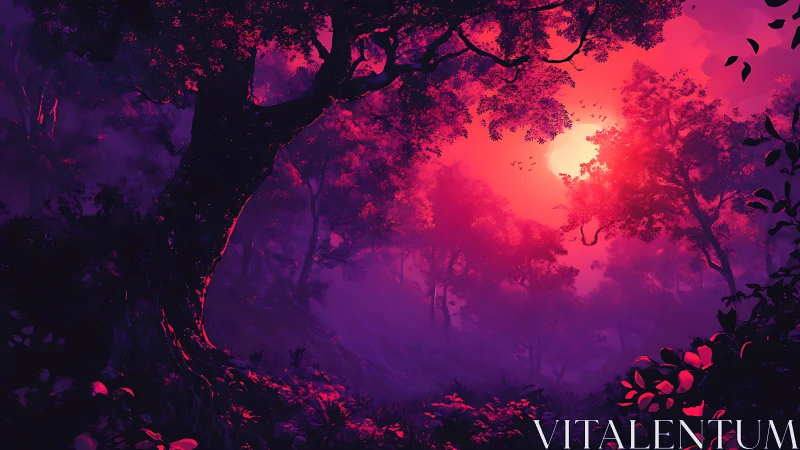 Neon Forest Dreamscape: Digital Ecosystem Bathed in Magenta Luminescence.