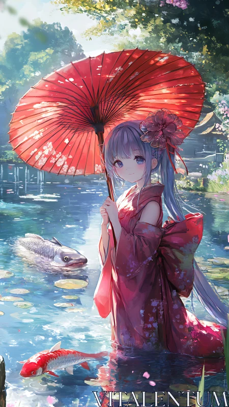 Girl in kimono stands in pond holding red parasol