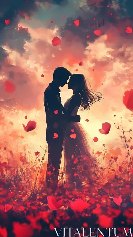 Silhouetted couple kissing amid falling red heart petals and sunset clouds