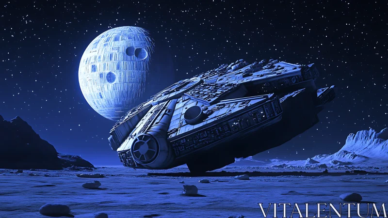 Detailed spaceship over icy terrain with artificial moon.