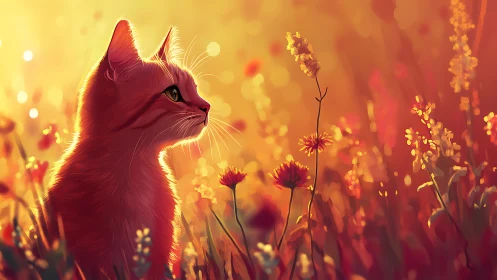 Cat in Golden Wildflower Field at Sunset.