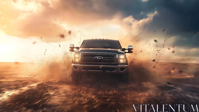 Off-road pickup truck powers through mud at golden hour.