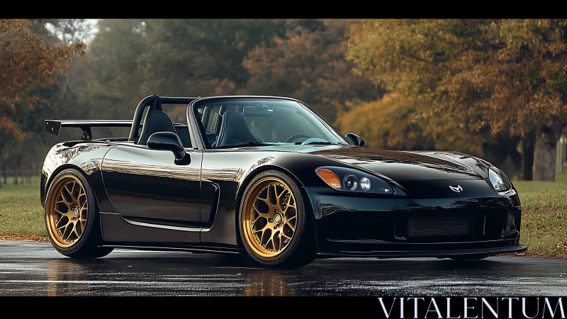 Glossy black roadster resting beneath soft autumn trees.
