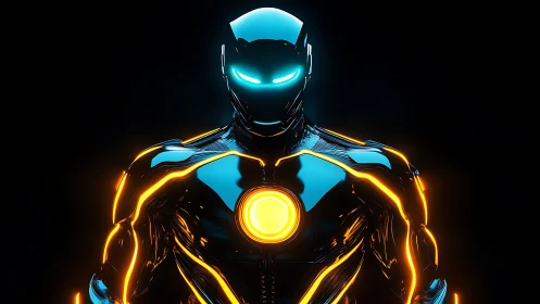 Neon armored guardian glowing against the deep night sky.