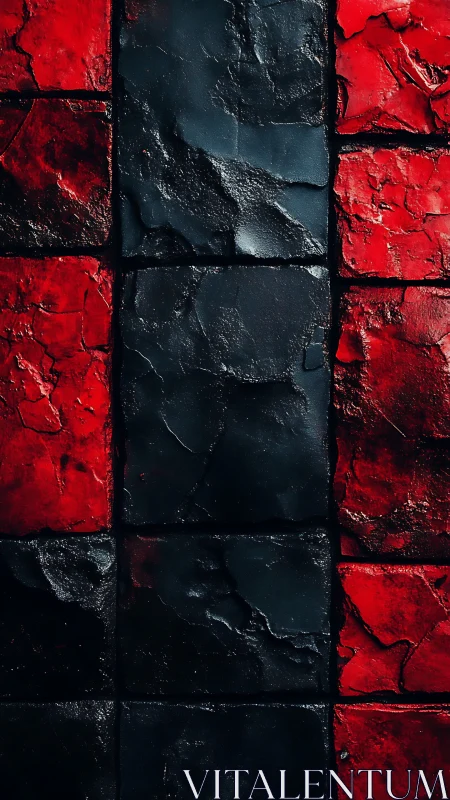 Vertical grid of cracked red and black tiles reveals rugged relief