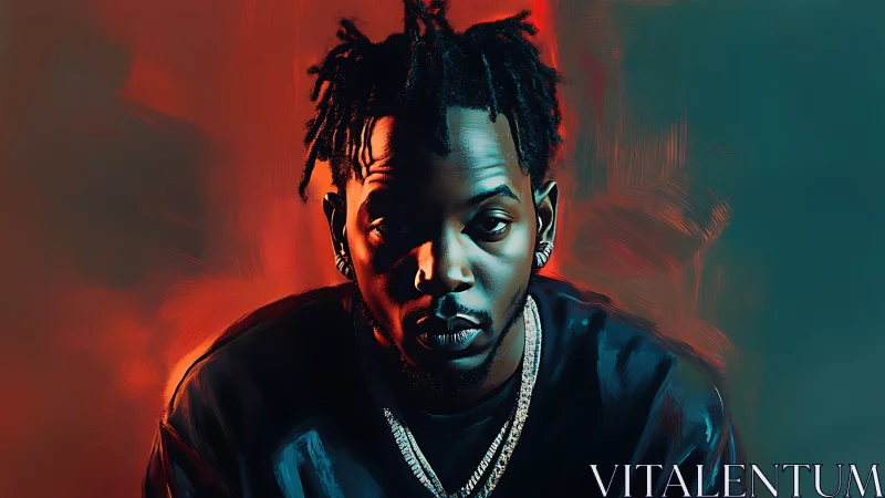 Moody digital portrait of man in dark shirt and chains.