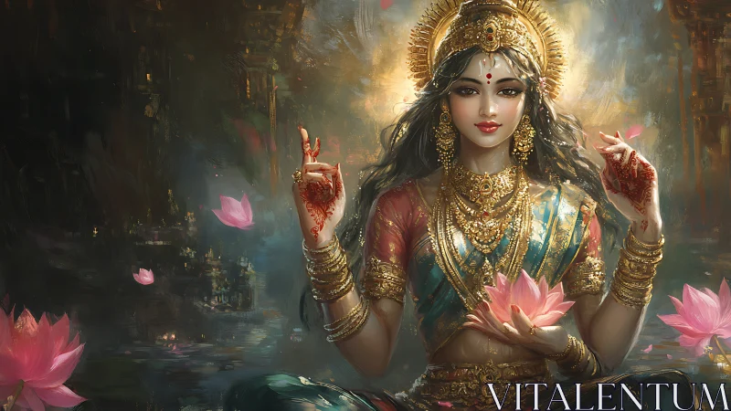 Divine goddess portrait with lotus flowers and ornate gold jewelry