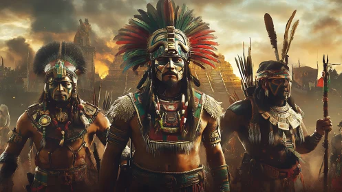Warrior triad advances before sunlit Mesoamerican pyramid city