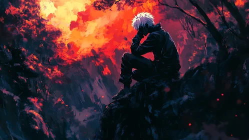 Solitary white-haired figure in incendiary forest atmosphere.